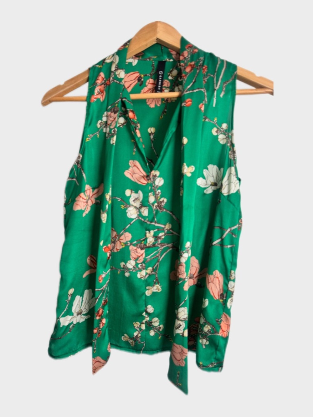 Garnish PDX Green Magnolia Floral Tie-Neck Sleeveless Blouse 100% Silk